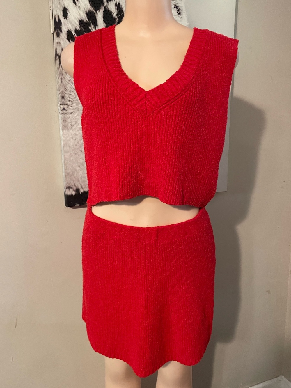 Lyn Burches Red Knit Two-Piece Set - V neck Crop Top sweater matching Mini Skirt